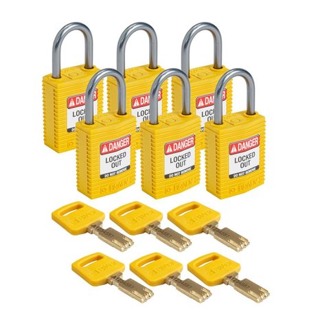 BRADY Compact SafeKey Key Retaining Nylon Padlock 1 in Aluminum Shackle KD Yellow 6PK CPT-YLW-25AL-KD6PK